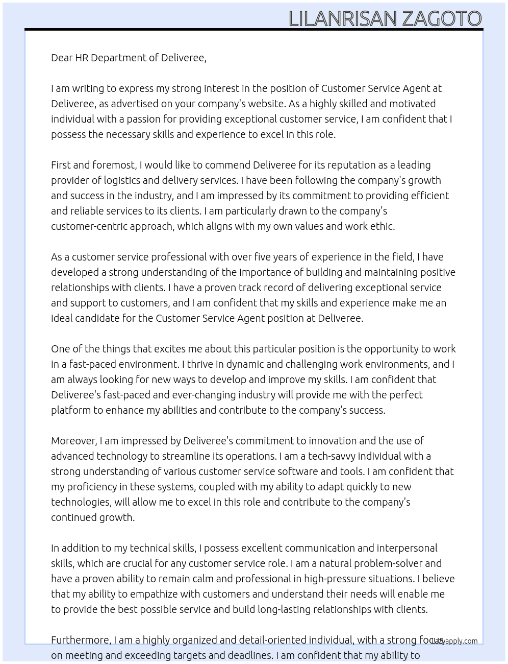 Customer Service Agent At Deliveree Cover Letter