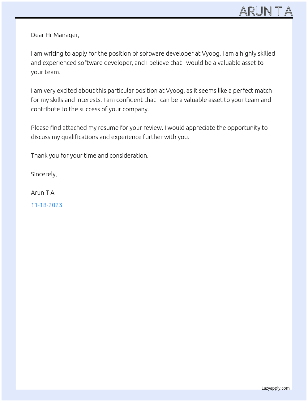 Software developer  At Vyoog Cover Letter