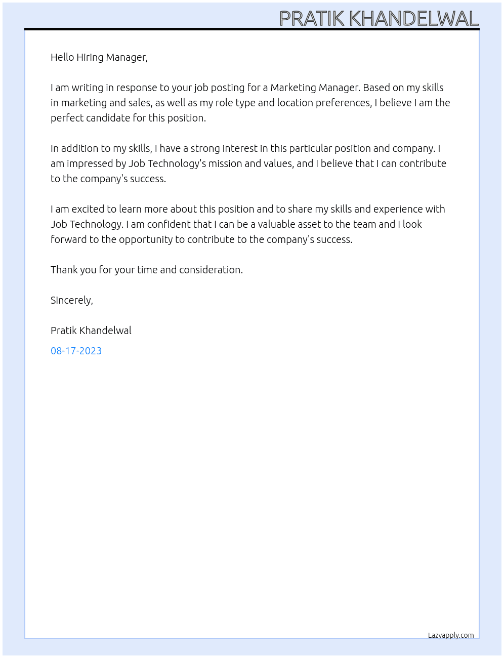 Marketing  manager At Job technology  Cover Letter