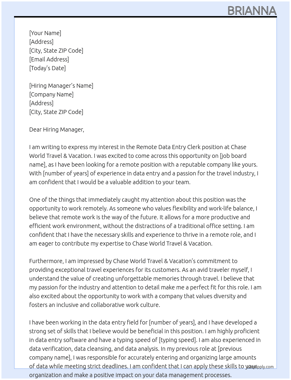 Remote Data Entry Clerk At Chase World Travel & Vacation Cover Letter
