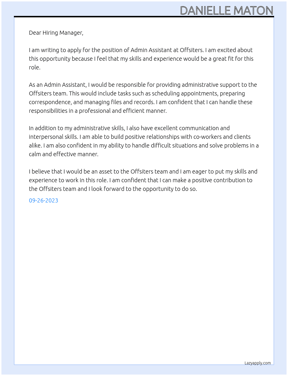 Admin Assistant At Offsiters Cover Letter