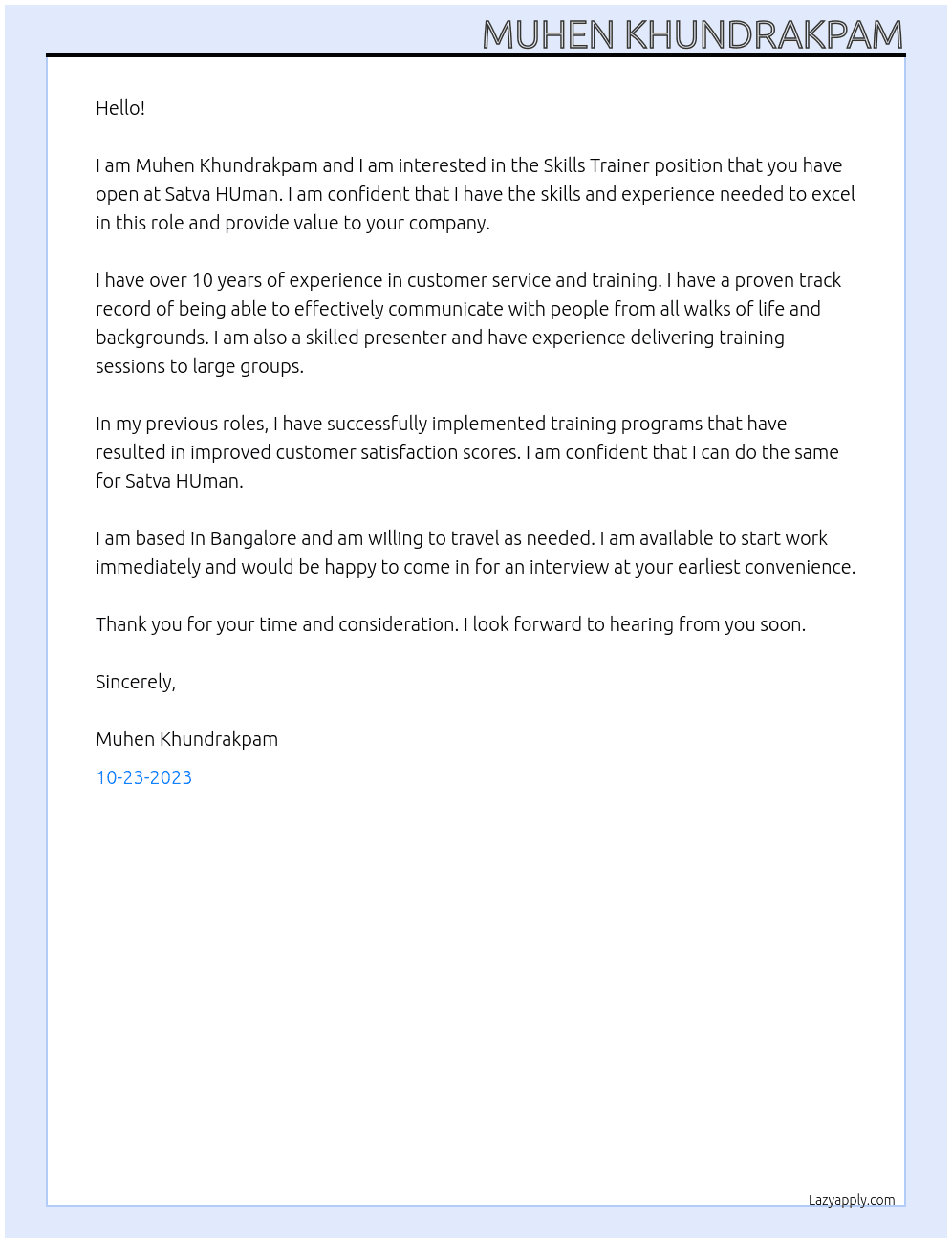 Skills Trainer At Satva HUman Cover Letter