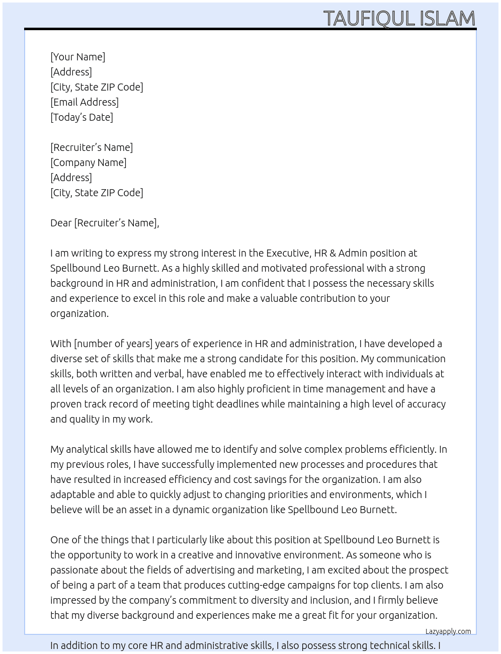  Executive, HR & Admin At Spellbound Leo Burnett  Cover Letter
