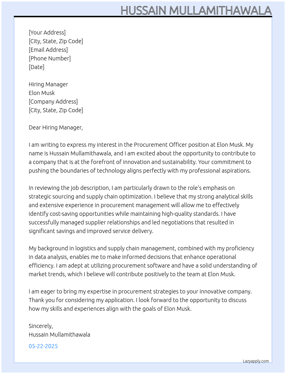 pROCUREMENT oFFICER At Elon Musk Cover Letter