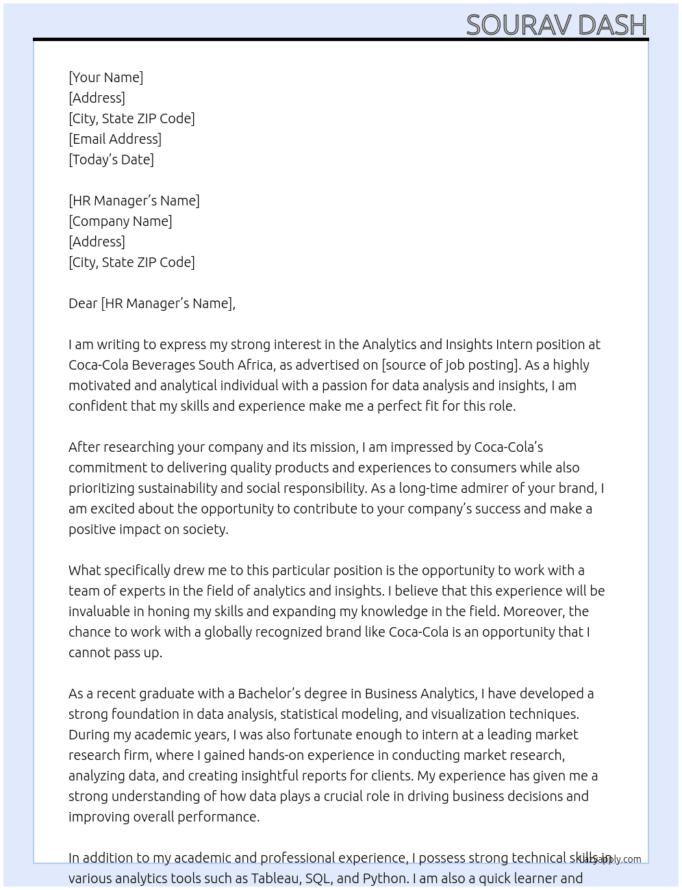 Analytics and Insights Intern At Coca-Cola Beverages South Africa Cover Letter