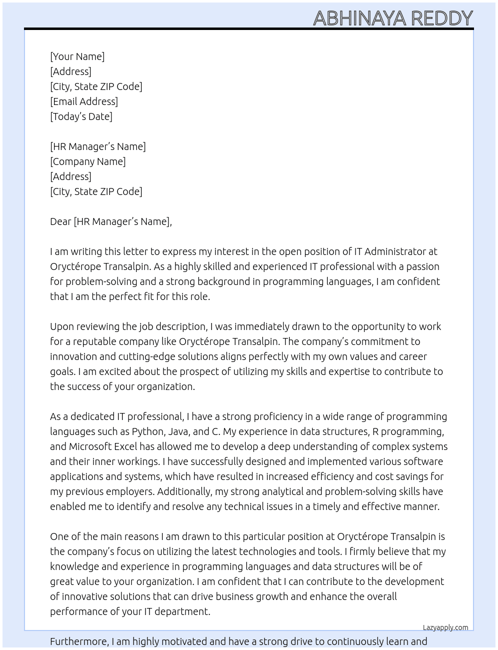 It Admisnistrator At Oryctérope Transalpin Cover Letter