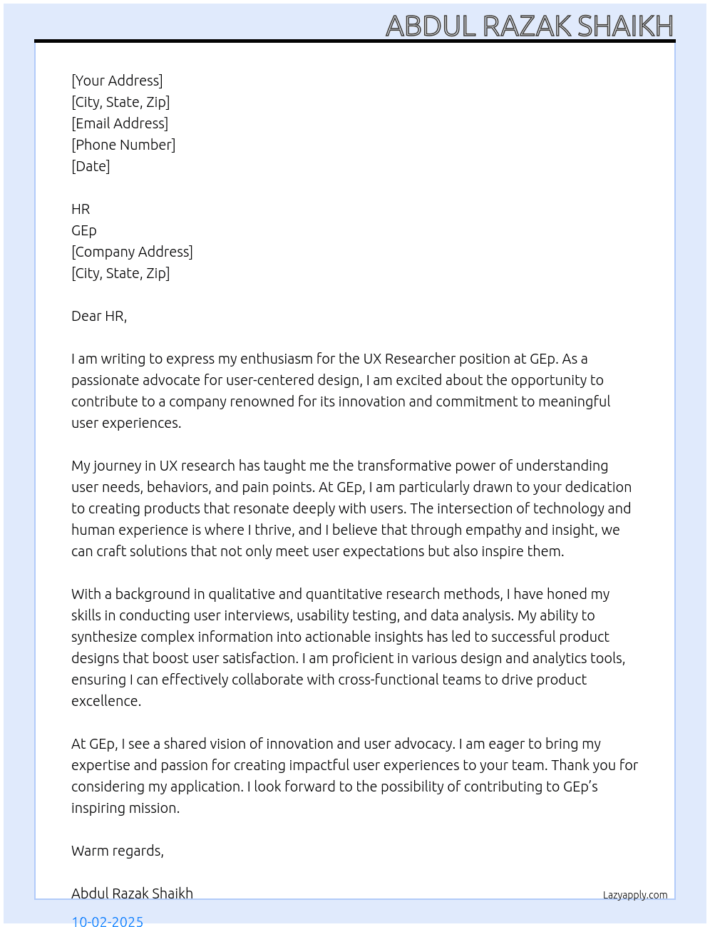 UX Researcher At GEp Cover Letter