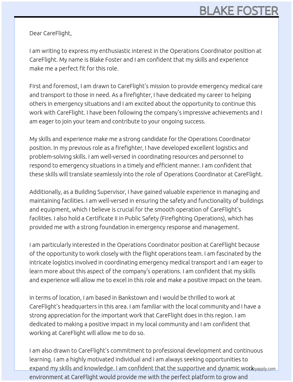 Operations Coordinator At CareFlight Cover Letter