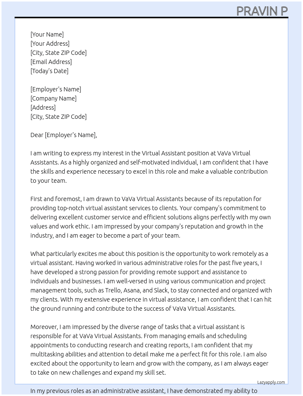Virtual Assistant At VaVa Virtual Assistants Cover Letter