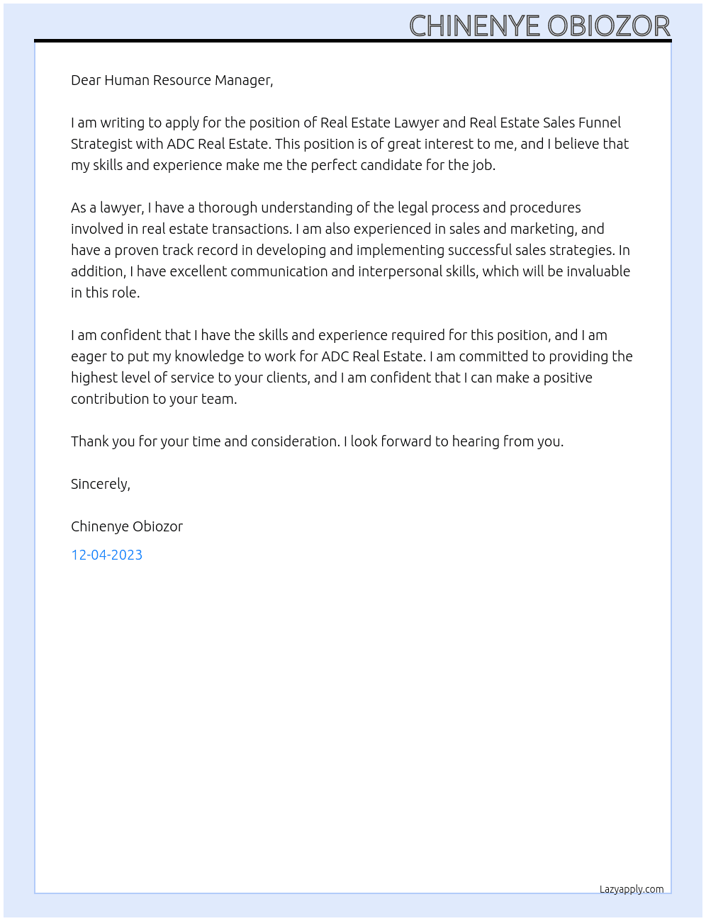 Real Estate Lawyer and Real Estate  Sales Funnel Strategist At ADC Real Estate Cover Letter
