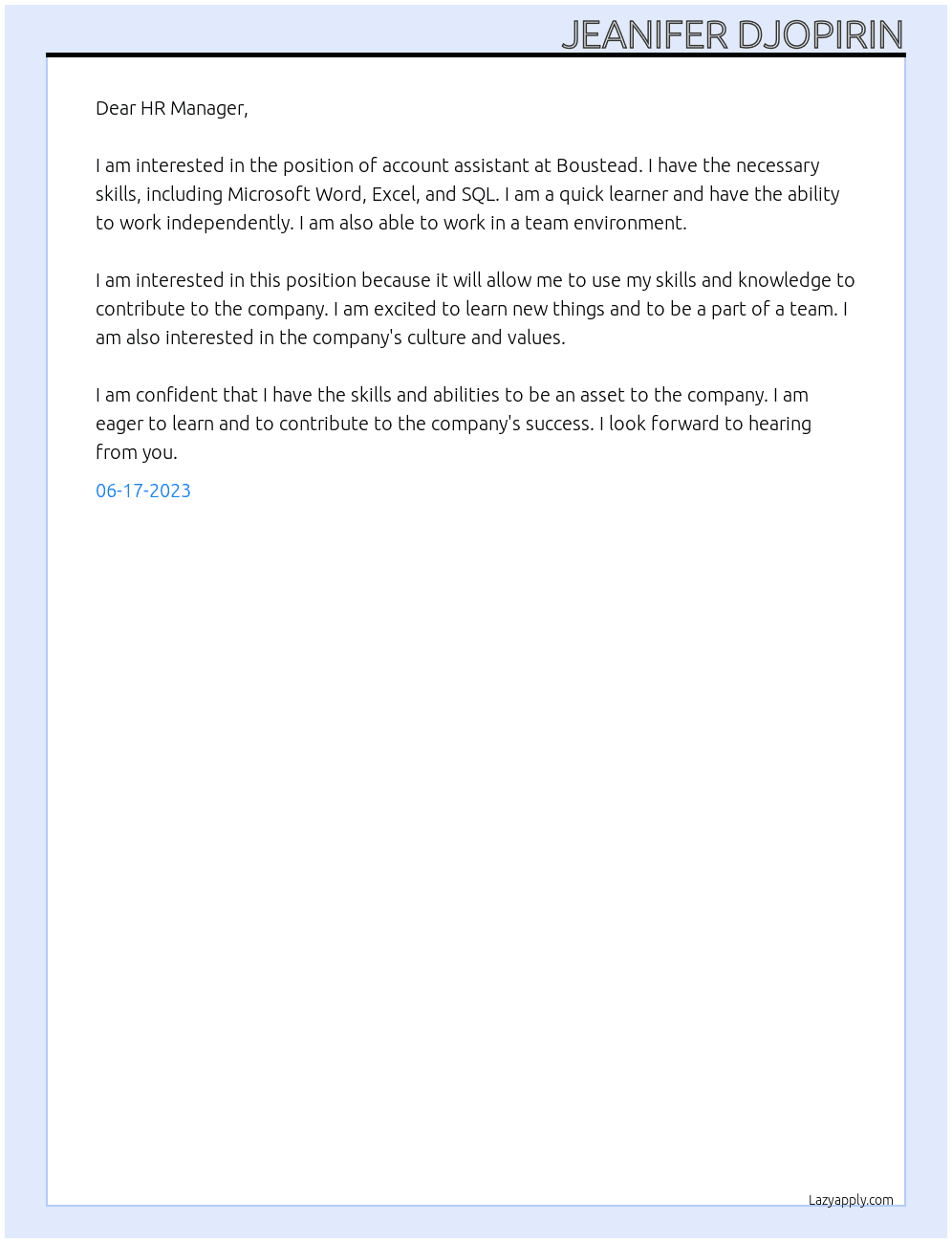 Account assistant  At Boustead  Cover Letter