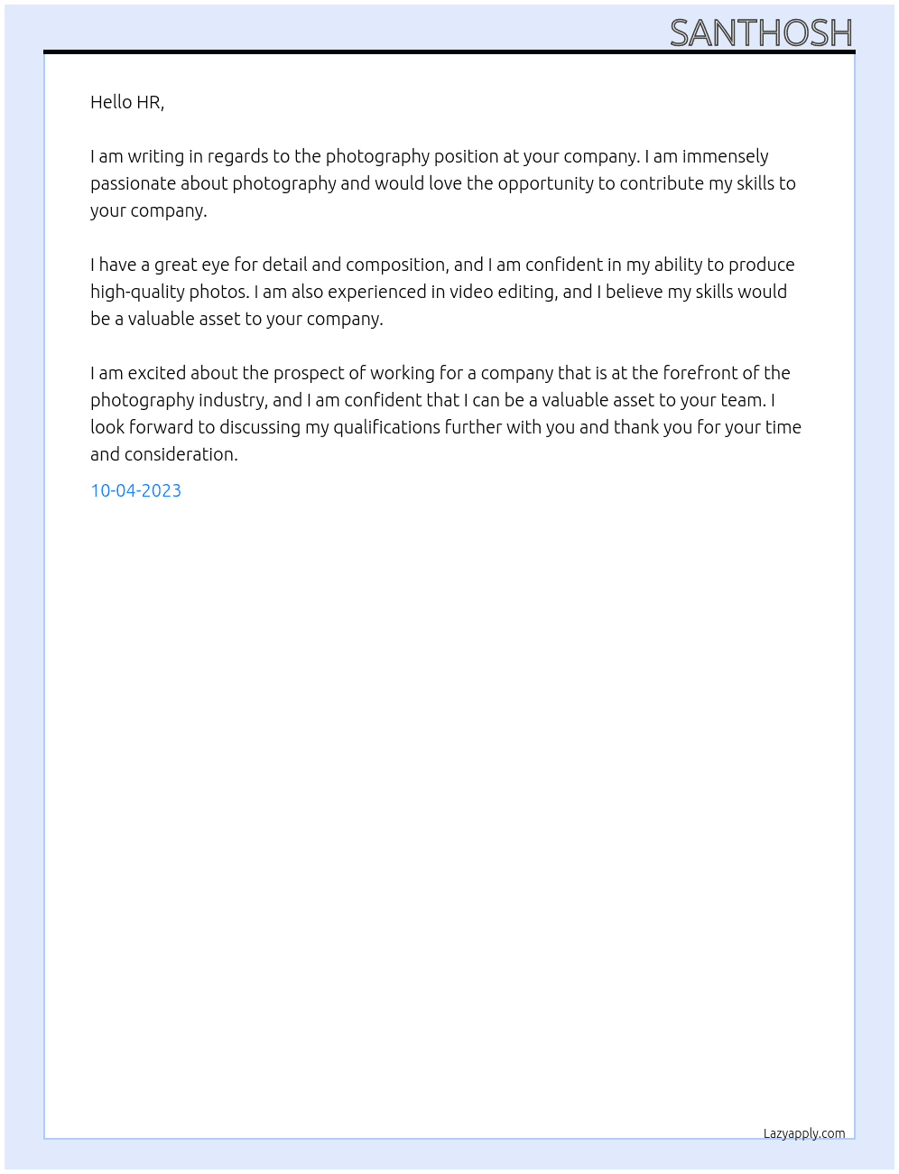 Photography At photography & VIDEOGRAPHY & VIDEO EDITOR Cover Letter