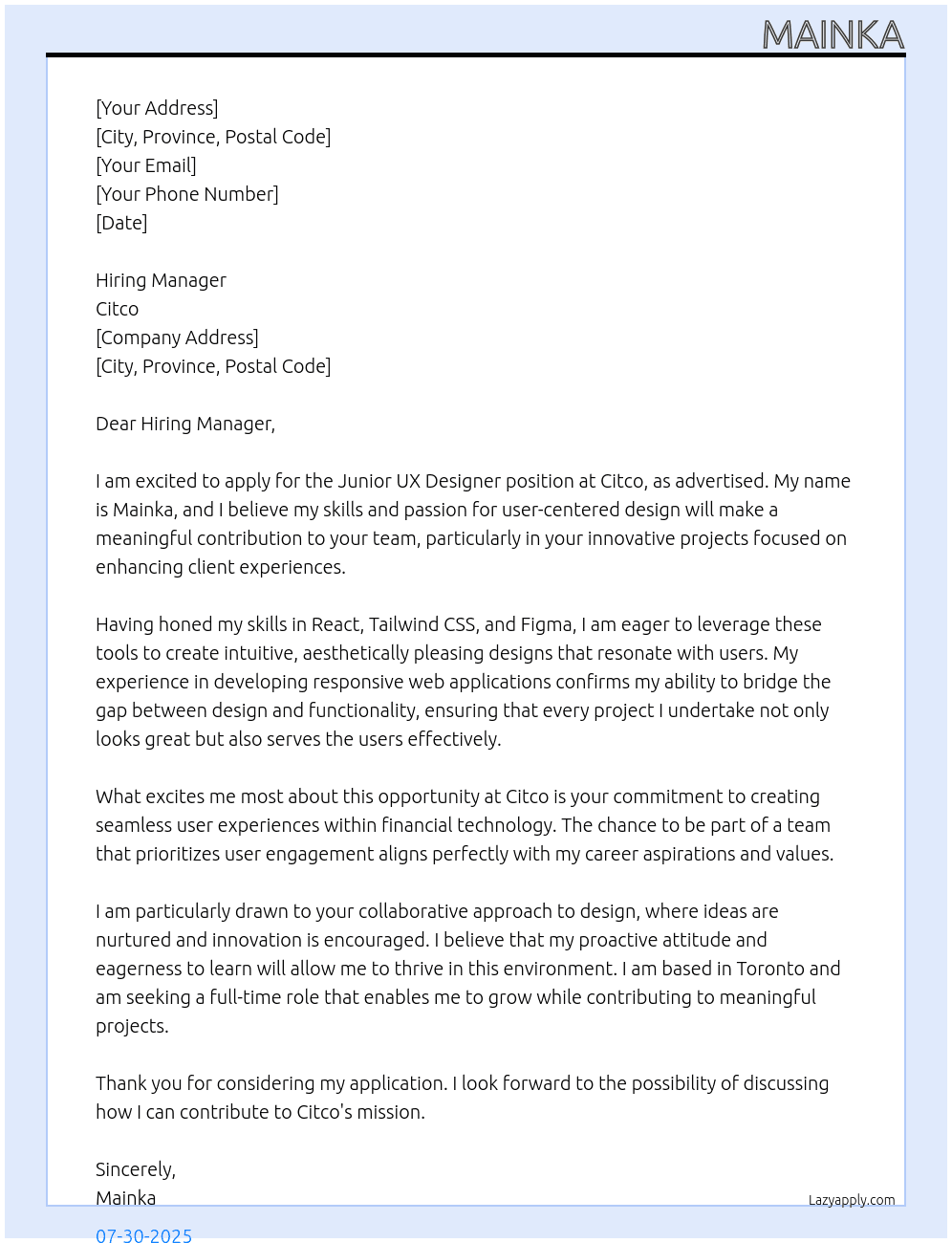 Junior UX Designer  At Citco Cover Letter