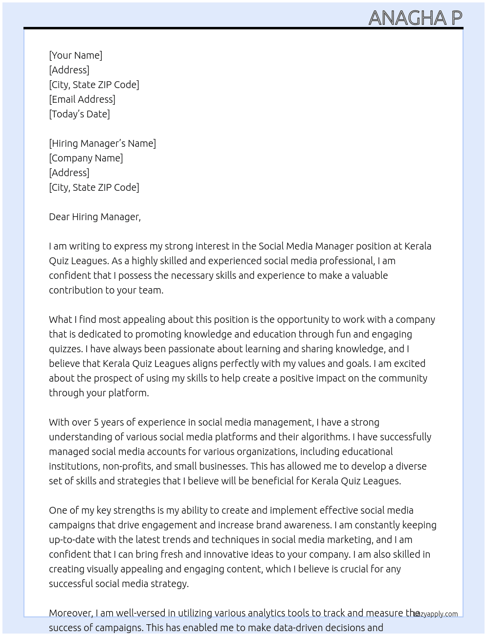 Social Media Manager At Kerala Quiz Leagues Cover Letter