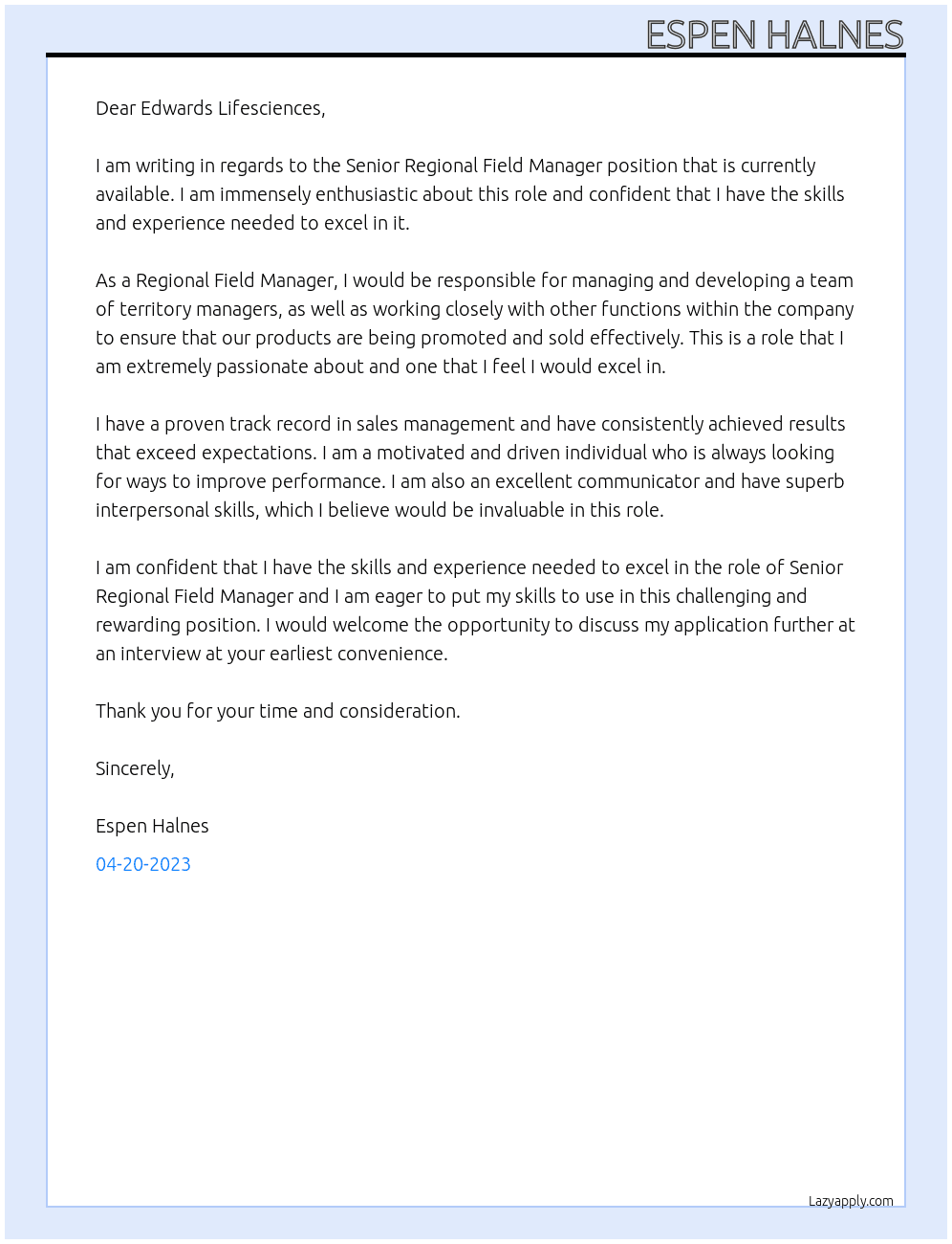 Senior Regional Field Manager At Edwards Lifesciences Cover Letter