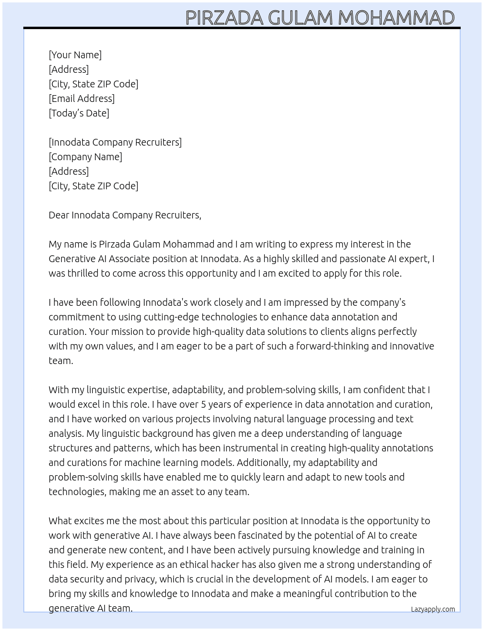 Generative ai associate  At Innodata Cover Letter