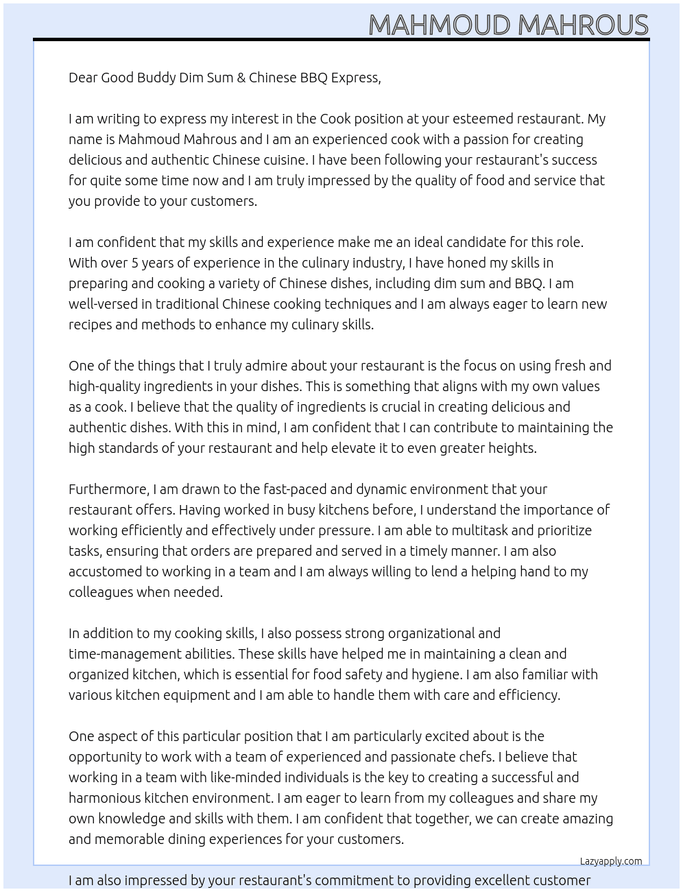 Cook At Good Buddy Dim Sum & Chinese BBQ Express Cover Letter