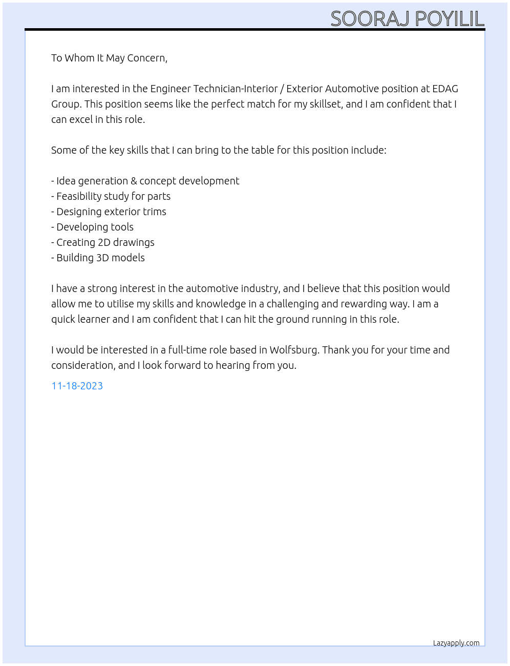 Engineer Technician-Interior / Exterior Automotive At EDAG Group Cover Letter