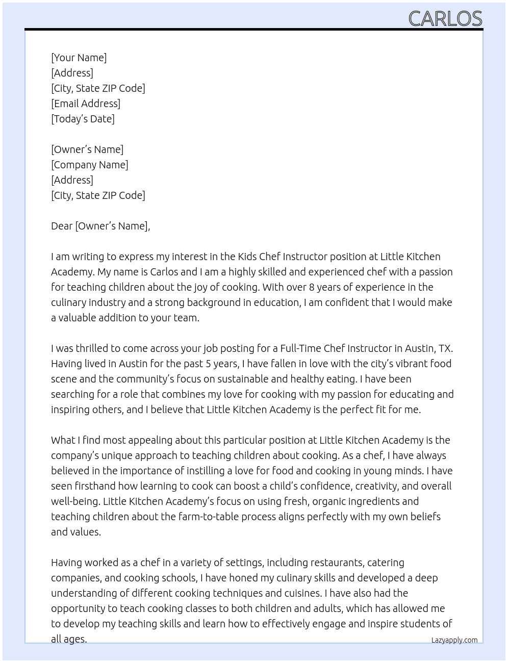 Kids Chef Instructor At Little KItchen Academy Cover Letter