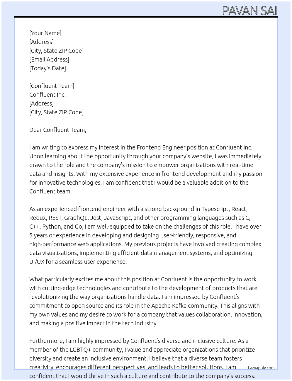Frontend Engineer At  Confluent Inc Cover Letter
