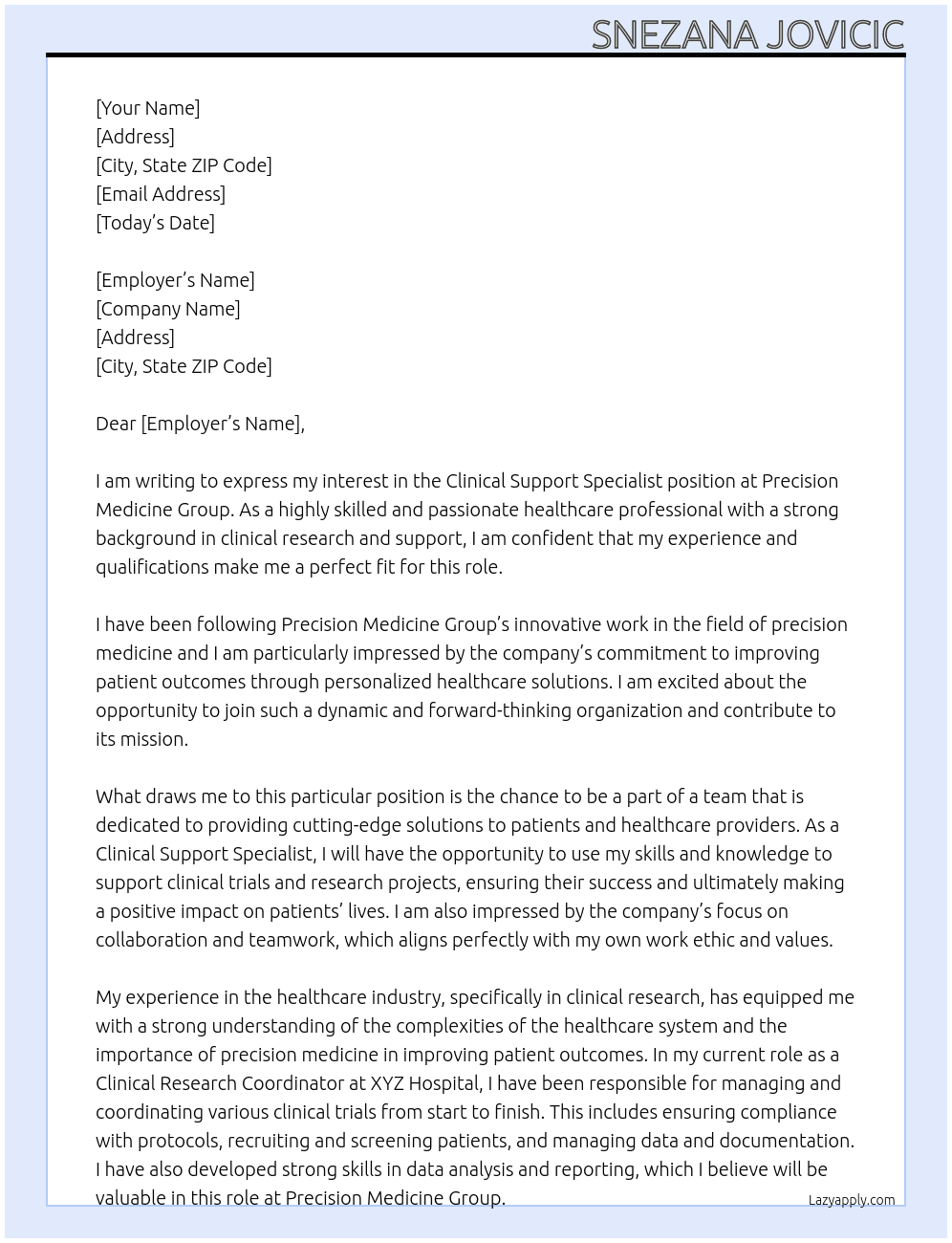 Clinical Support Specialist At Precision Medicine Group Cover Letter