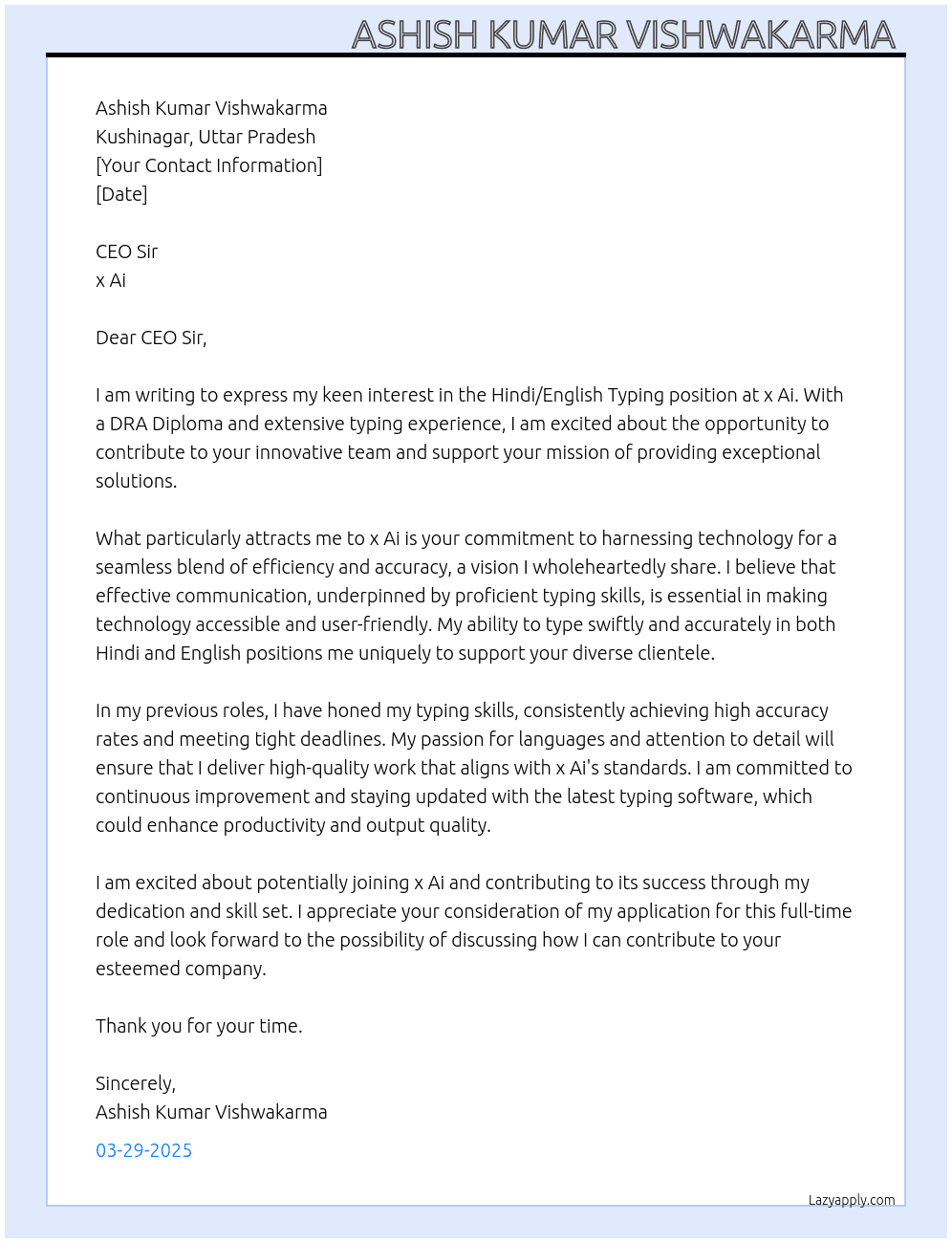 Hindi/English Typing At x Ai Cover Letter