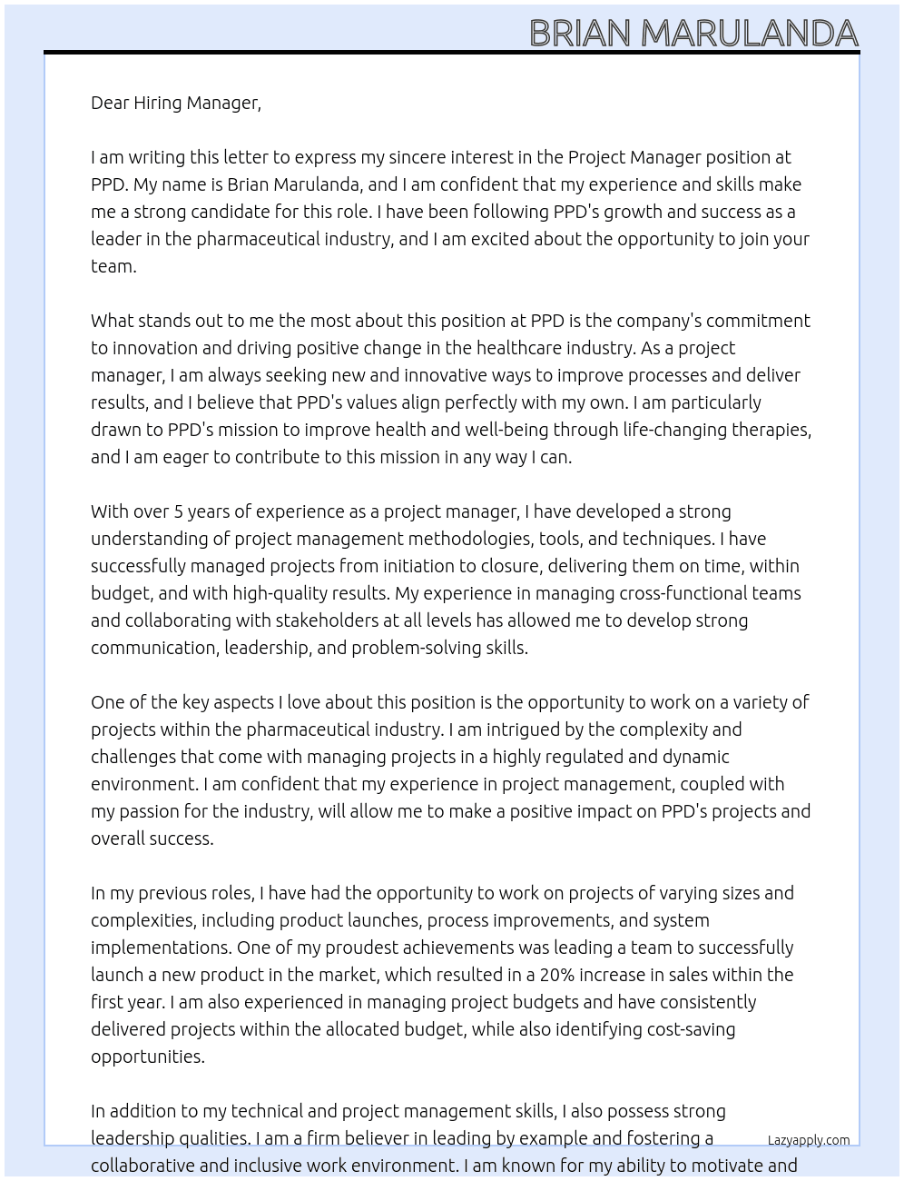 Project Manager At PPD Cover Letter