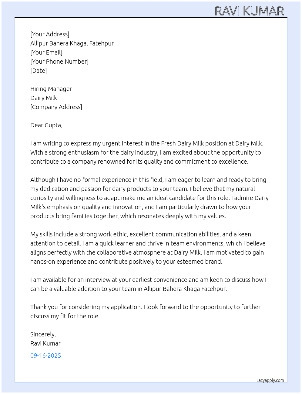 Dairy milk from  At Dairy milk  Cover Letter