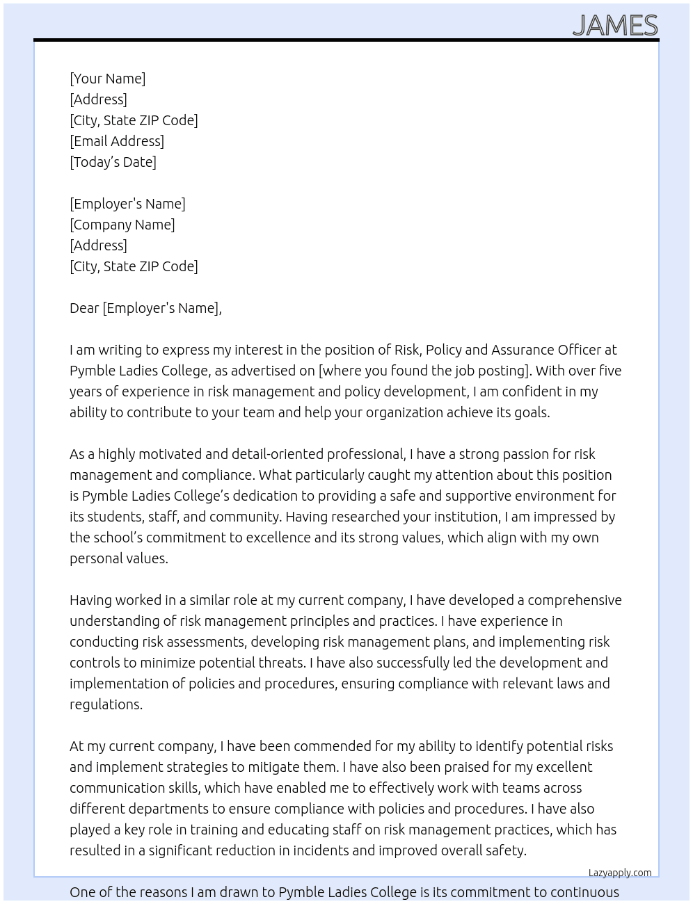 Risk, Policy and Assurance Officer At Pymble Ladies College Cover Letter