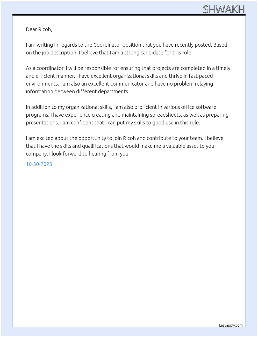 Coordinator At Ricoh Cover Letter