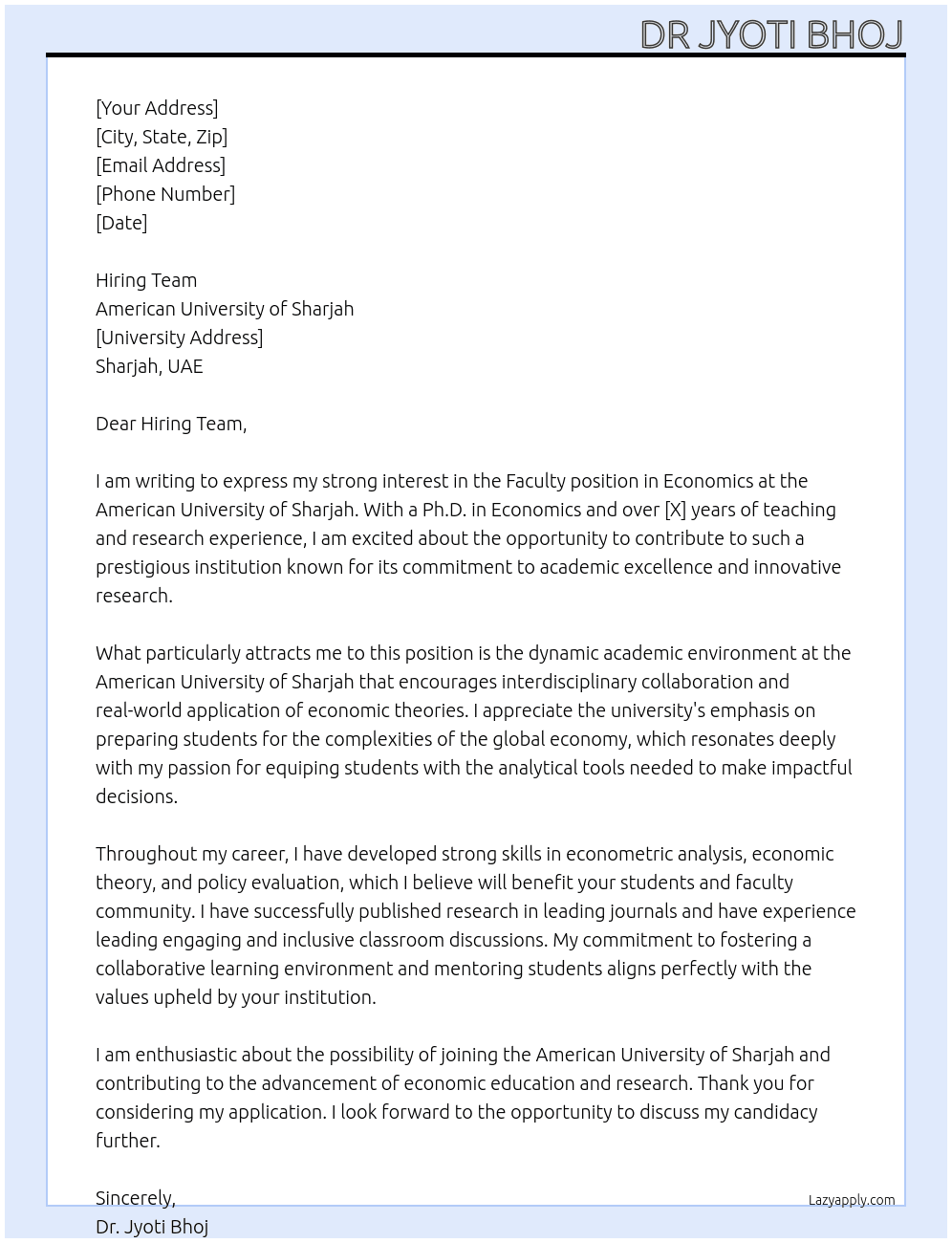 Faculty positions in ECONOMICS At American University of Sharjah Cover Letter