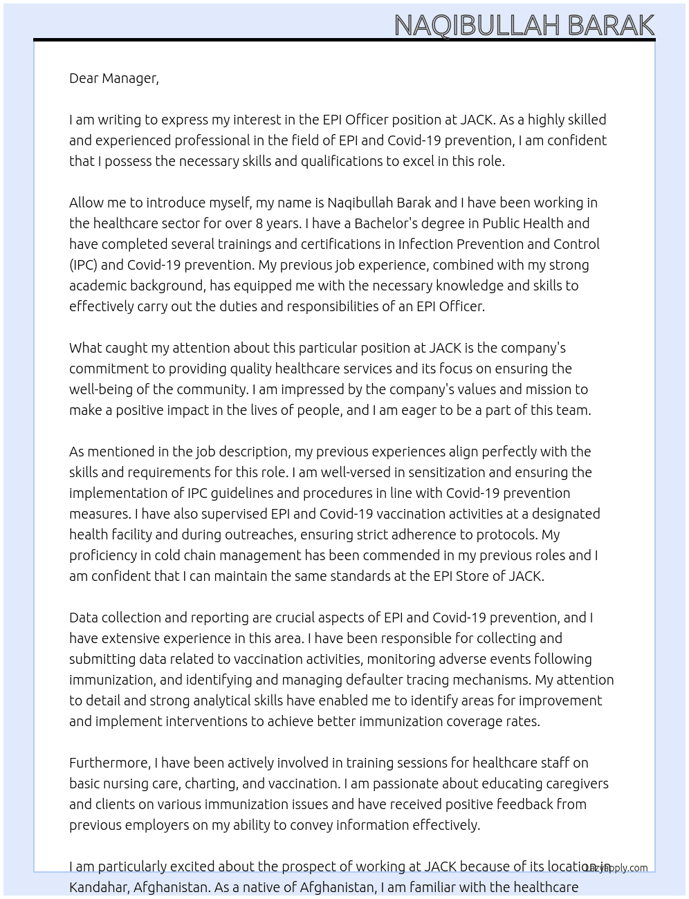 EPI OFFICER At JACK Cover Letter