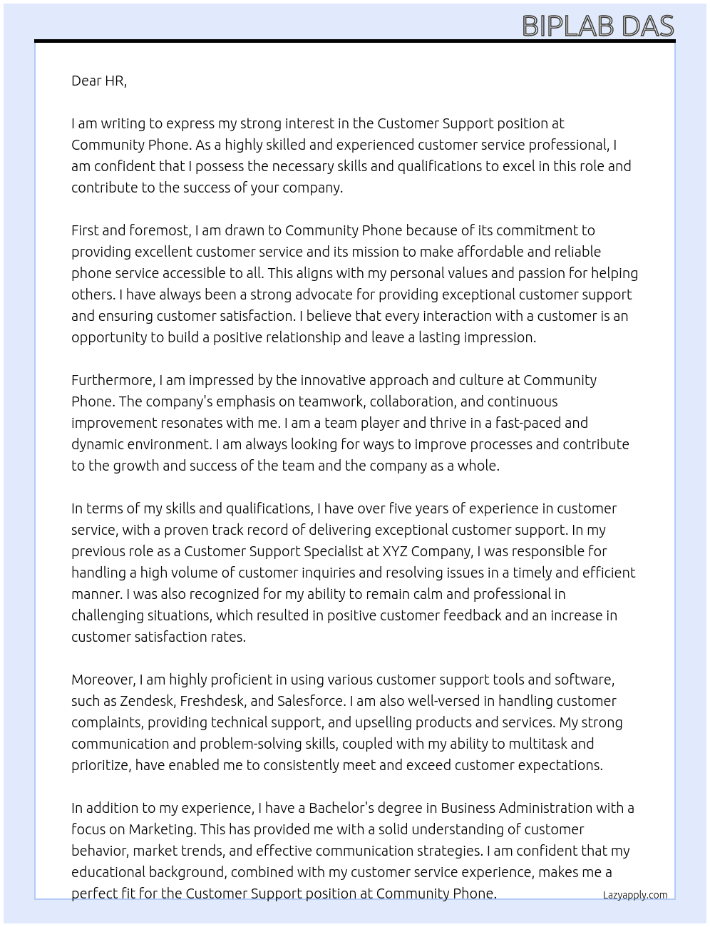 Customer Support At Community Phone Cover Letter