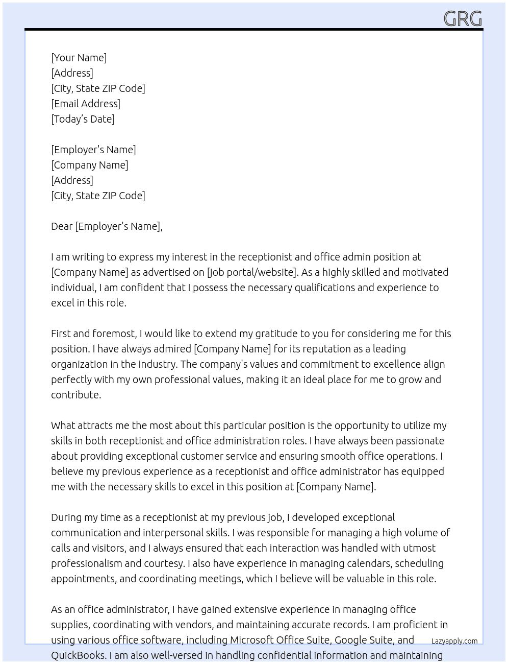 receptionist and office admin At sd Cover Letter