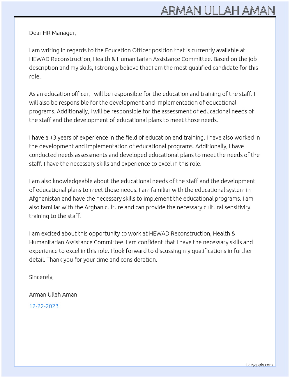 Education Officer At HEWAD Reconstruction, Health & Humanitarian Assistance Committee Cover Letter