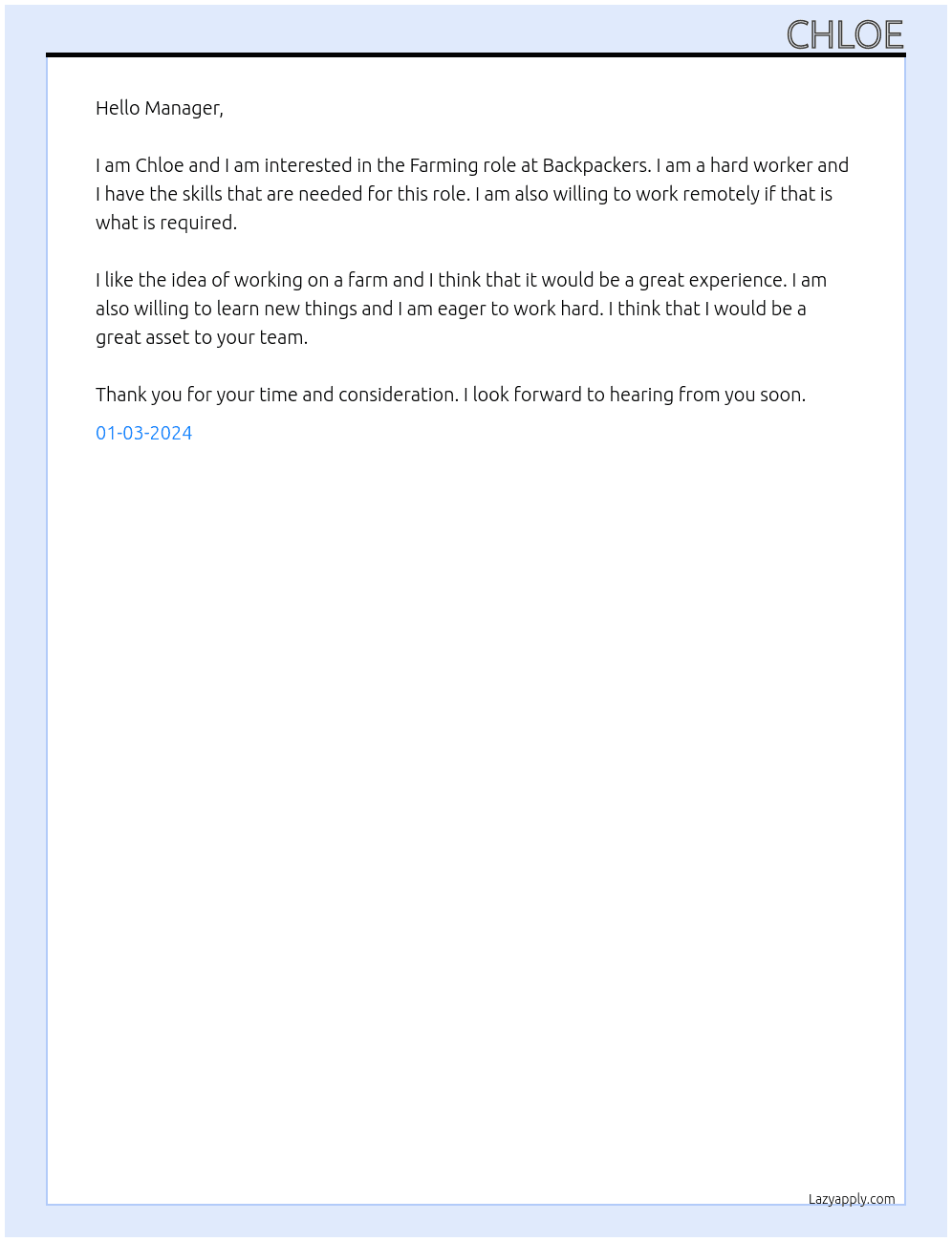 Farming  At Backpackers  Cover Letter