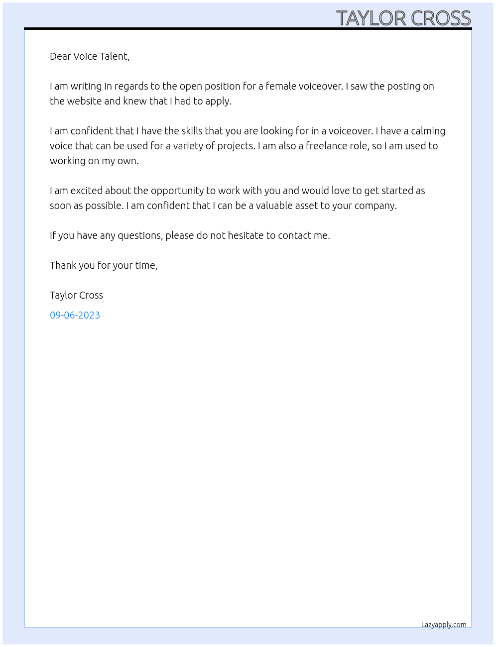 Female Voiceover At Voice Talent Cover Letter