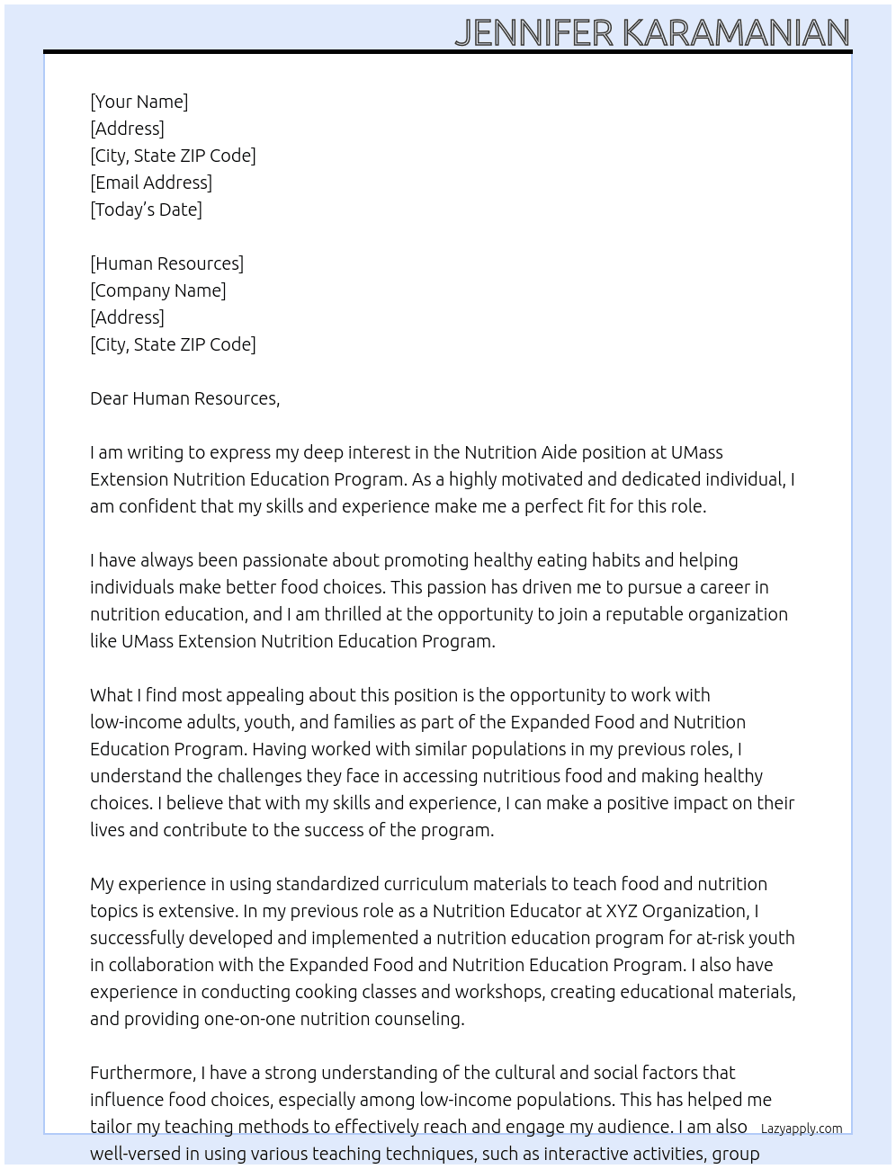 Nutrition Aide At UMass Extension Nutrition Education Program Cover Letter