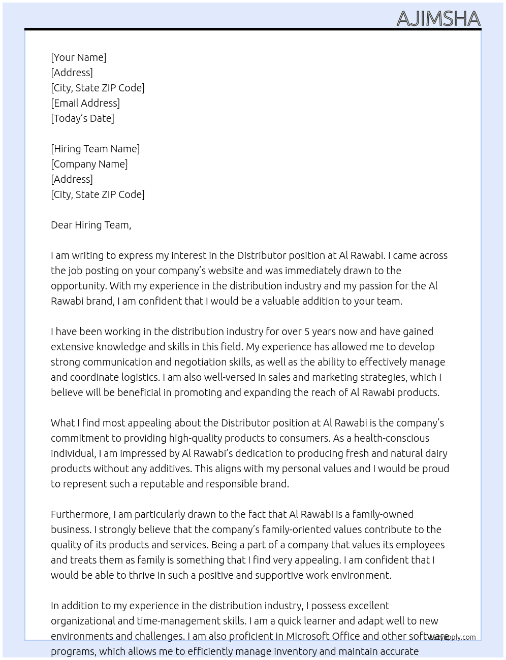 Distributor At Al rawabi  Cover Letter