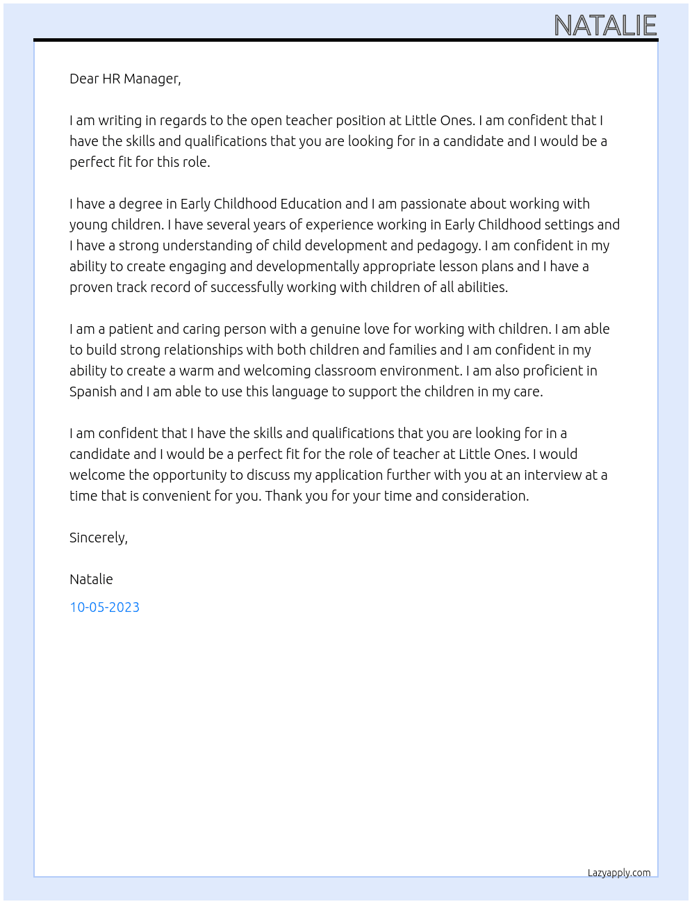 teacher At little ones Cover Letter