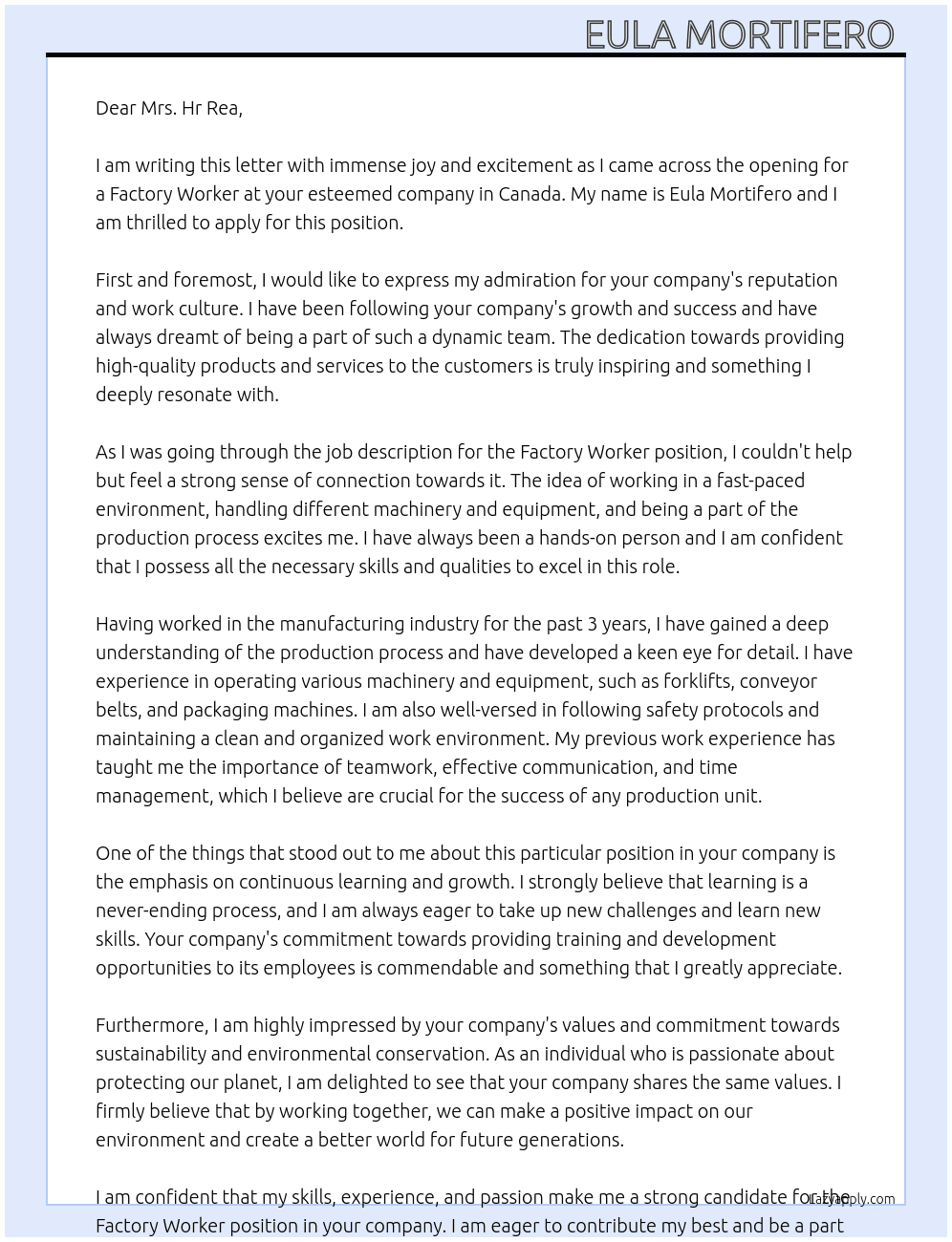 Factory worker  At Company in canada Cover Letter