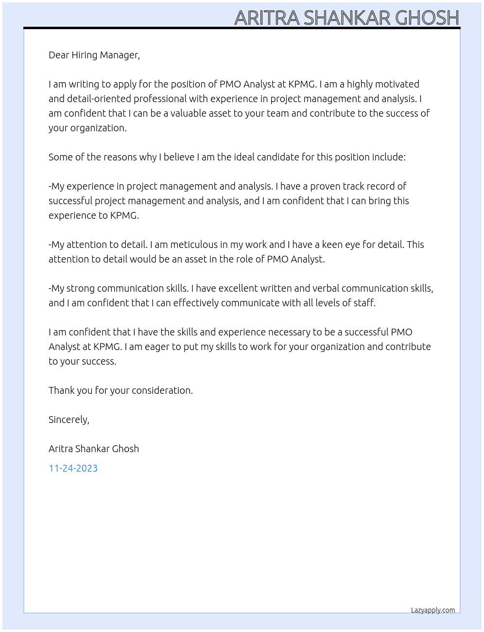 PMO ANALYST At kpmg Cover Letter