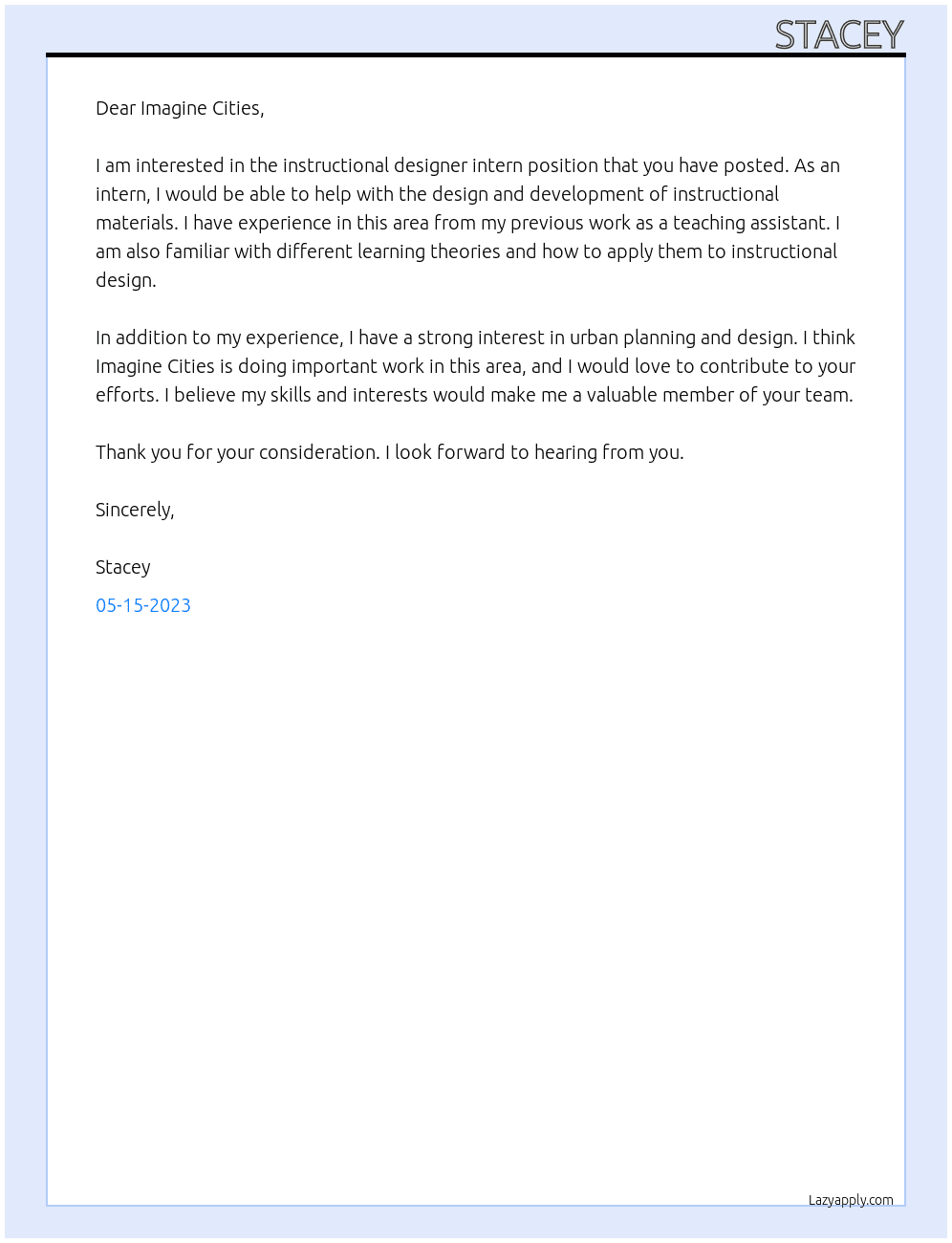 instructional designer intern At Imagine Cities Cover Letter