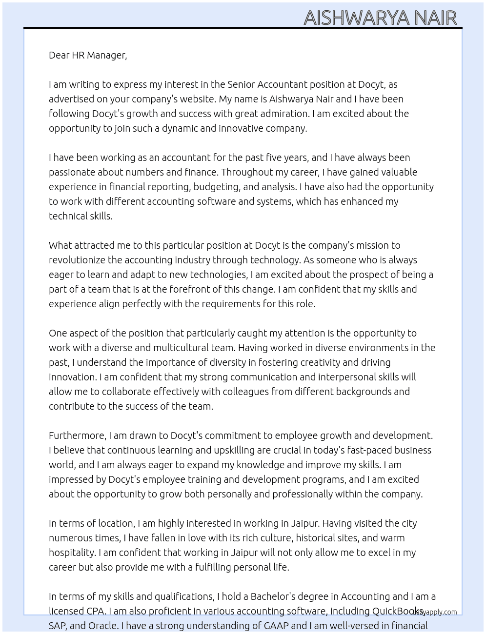senior acountant  At Docyt Cover Letter