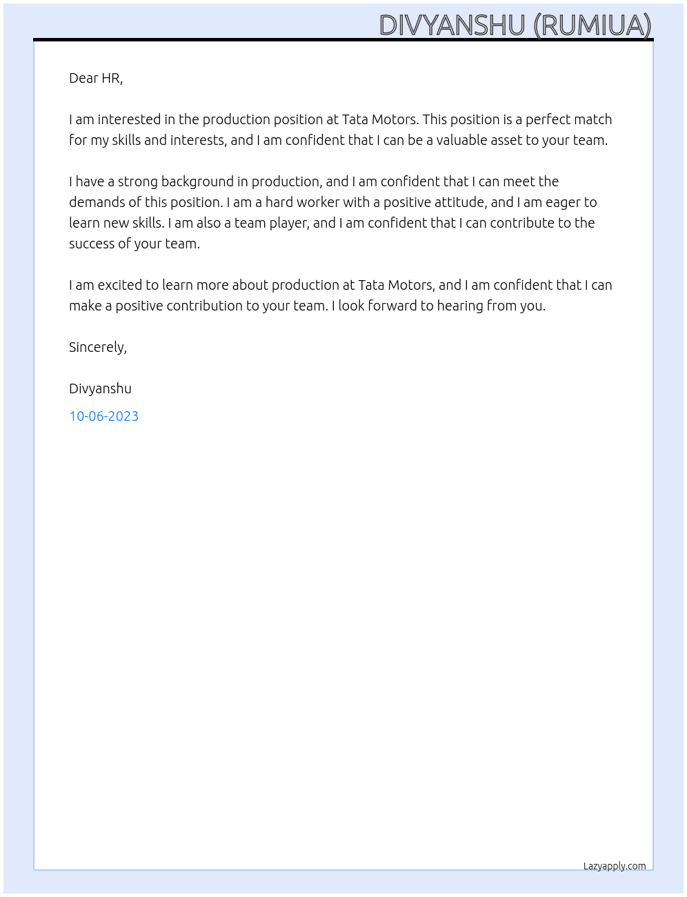 production  At Tata motors  Cover Letter