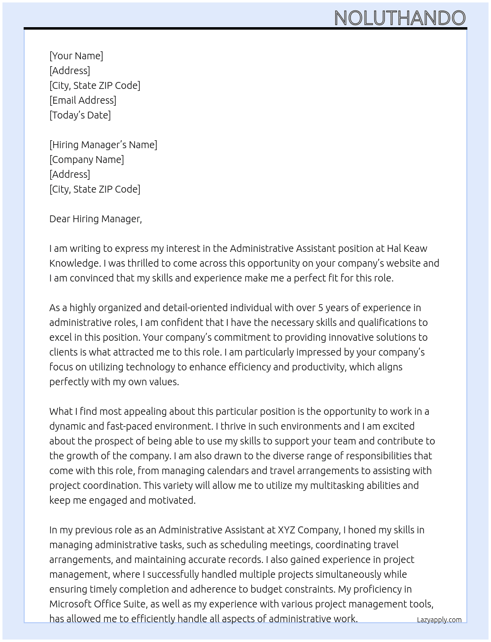 Administrative Assistant At Hal Keaw Knowledge  Cover Letter