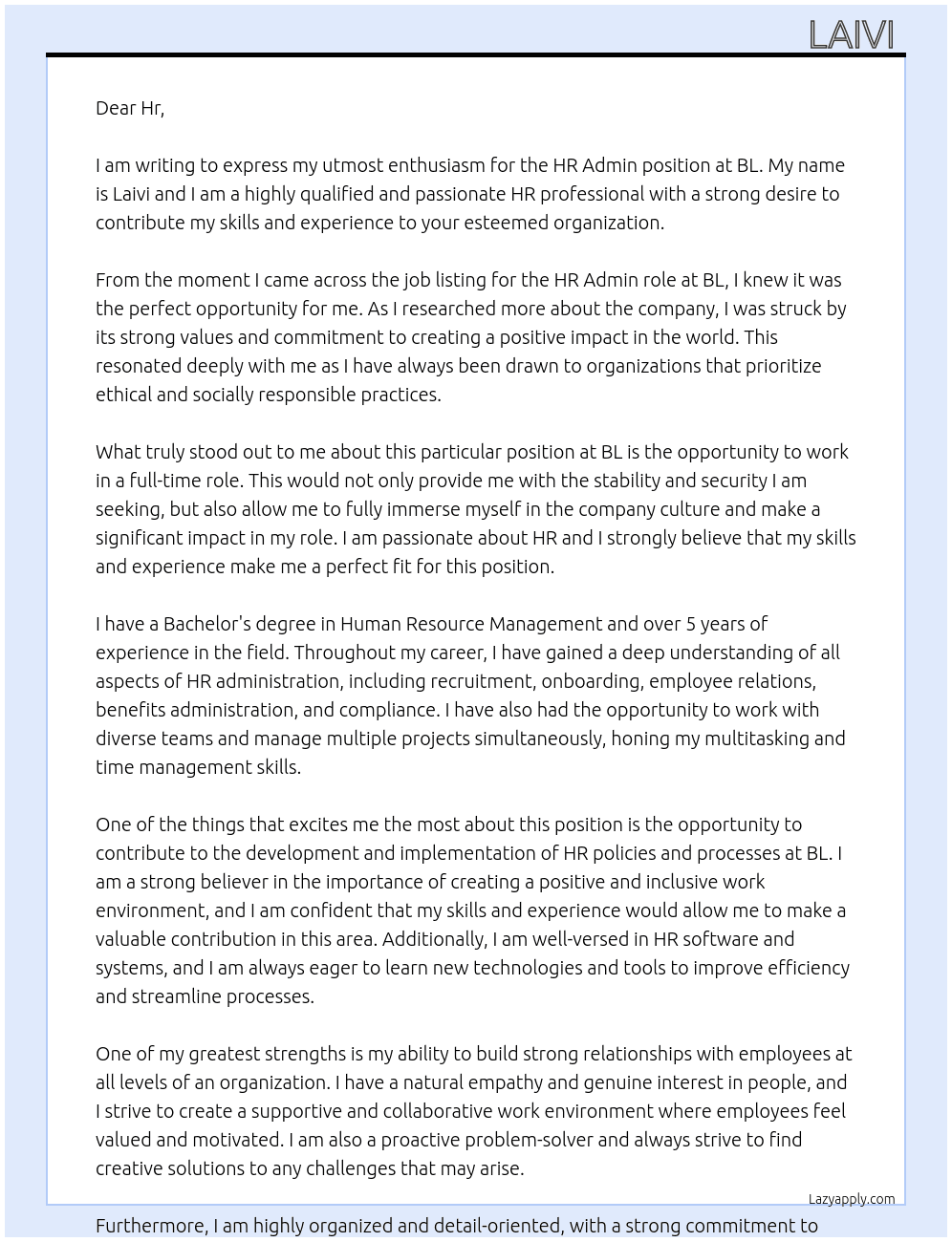 Hr admin At Bl Cover Letter