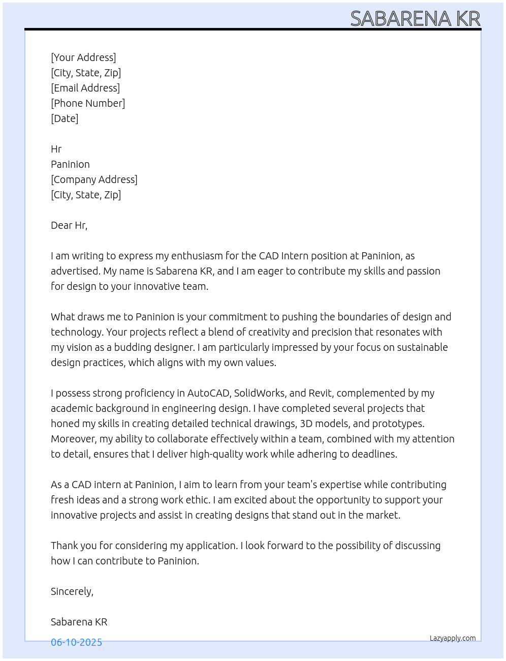 Cover letter for cad intern - LazyApply