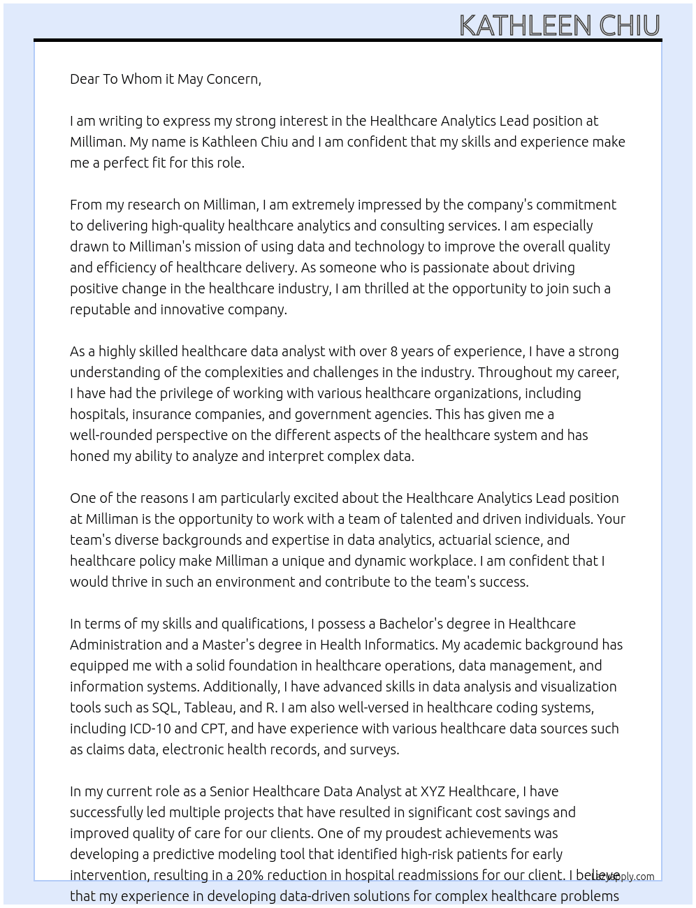 Healthcare Analytics Lead At Milliman Cover Letter