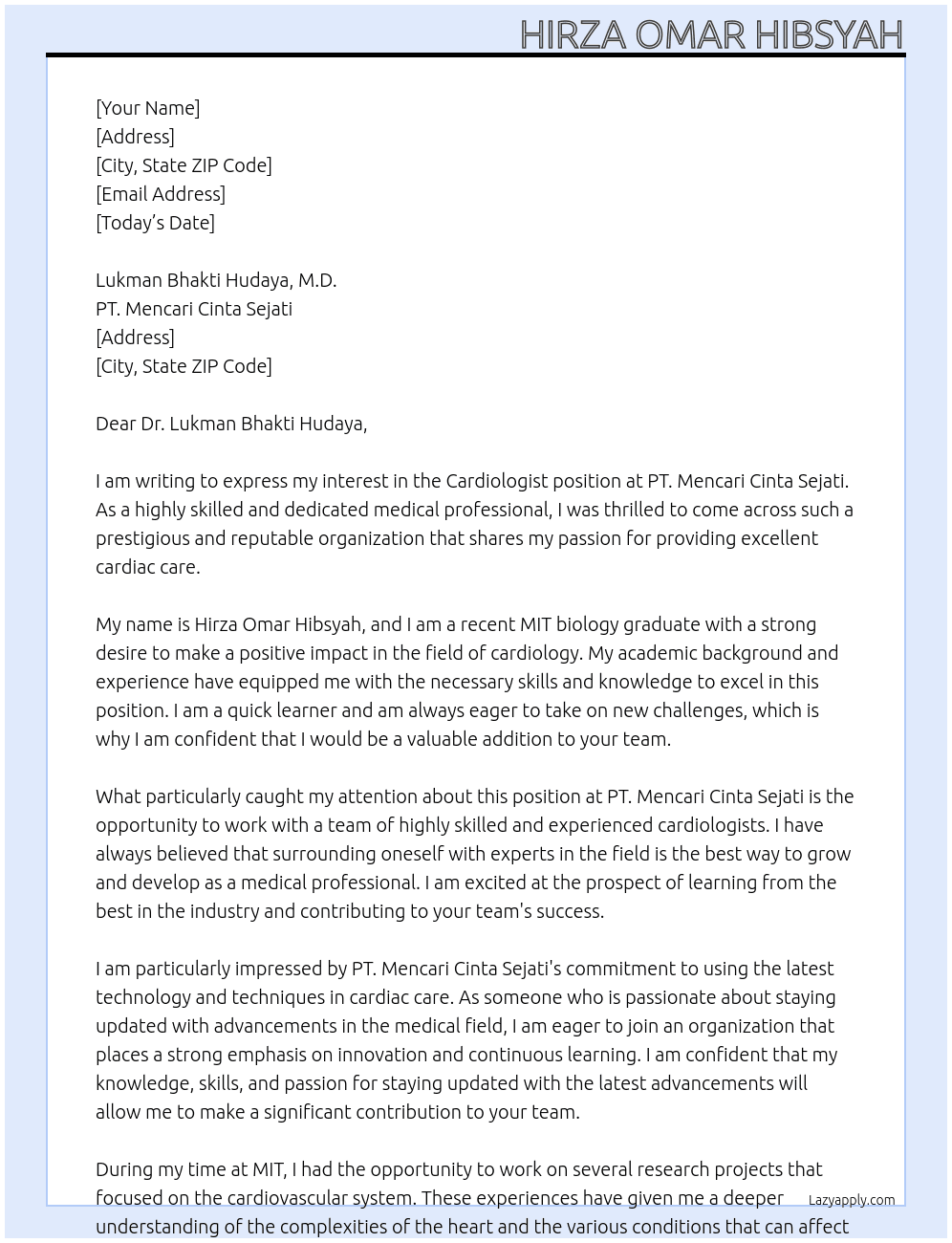 Cardiologist At PT. Mencari Cinta Sejati Cover Letter